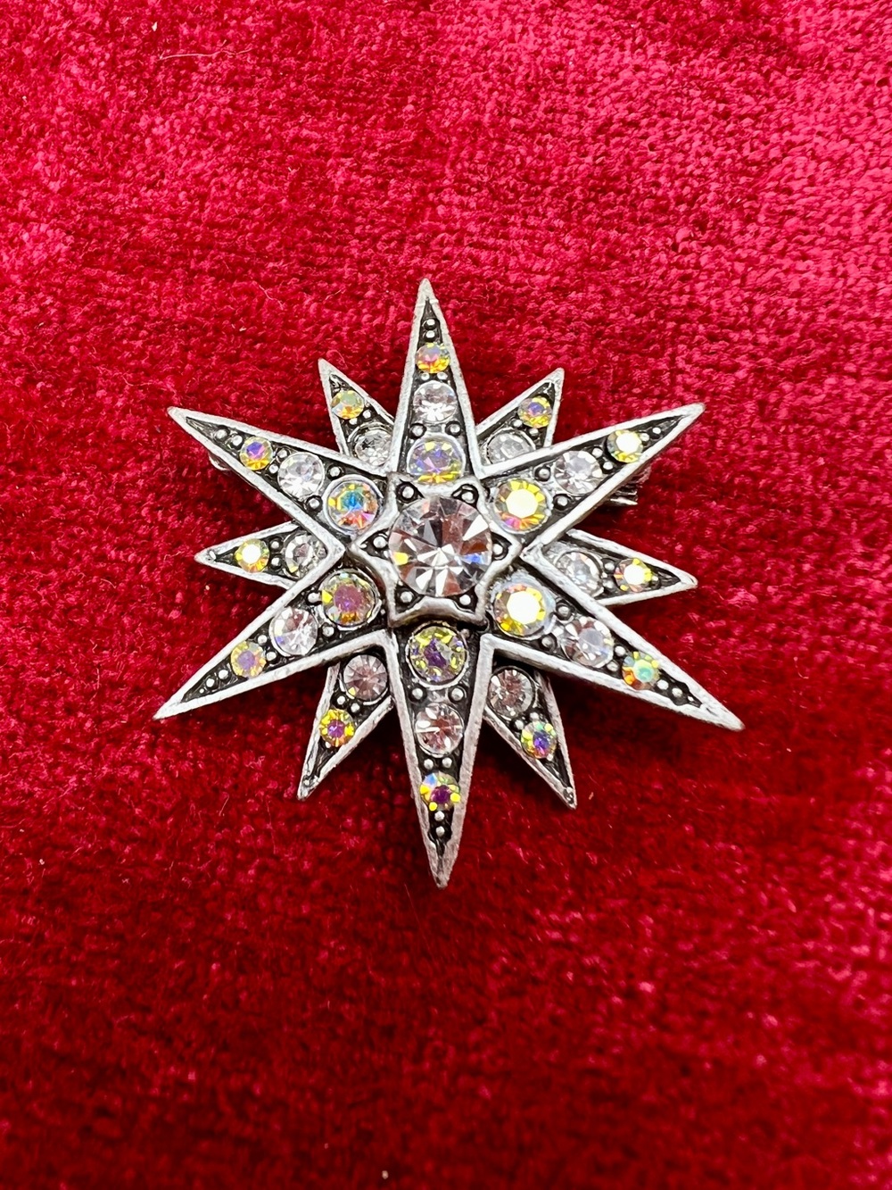 Sweet Romance Brooch Victorian Star AB Swarovski Crystals, Silver Tone, Signed